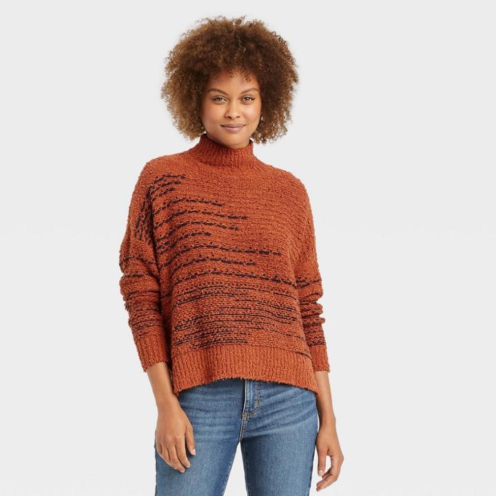 Women's Mock Turtleneck Marled Pullover Sweater - Knox Rose Brown