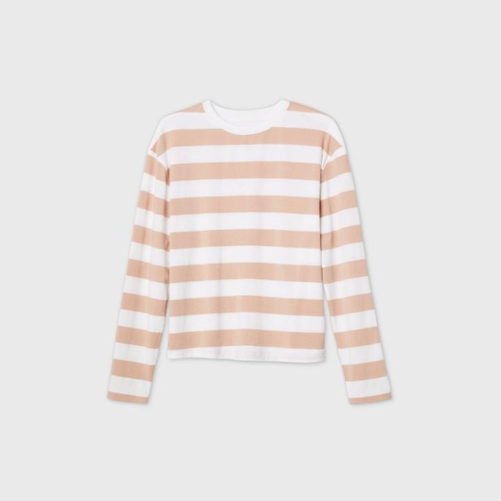 Women's Striped Long Sleeve T-shirt - A New Day Tan