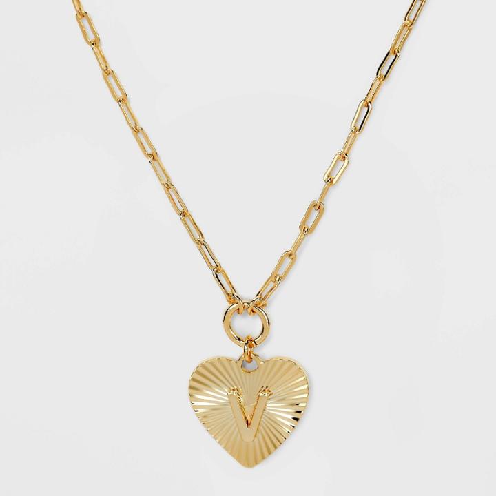 14k Gold Dipped 'v' Initial Diamond Cut Heart Pendant Necklace - A New Day Gold