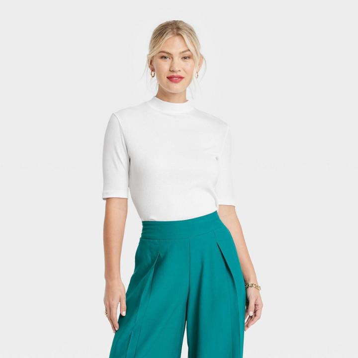 Women's Elbow Sleeve Mock Turtleneck T-shirt - A New Day White