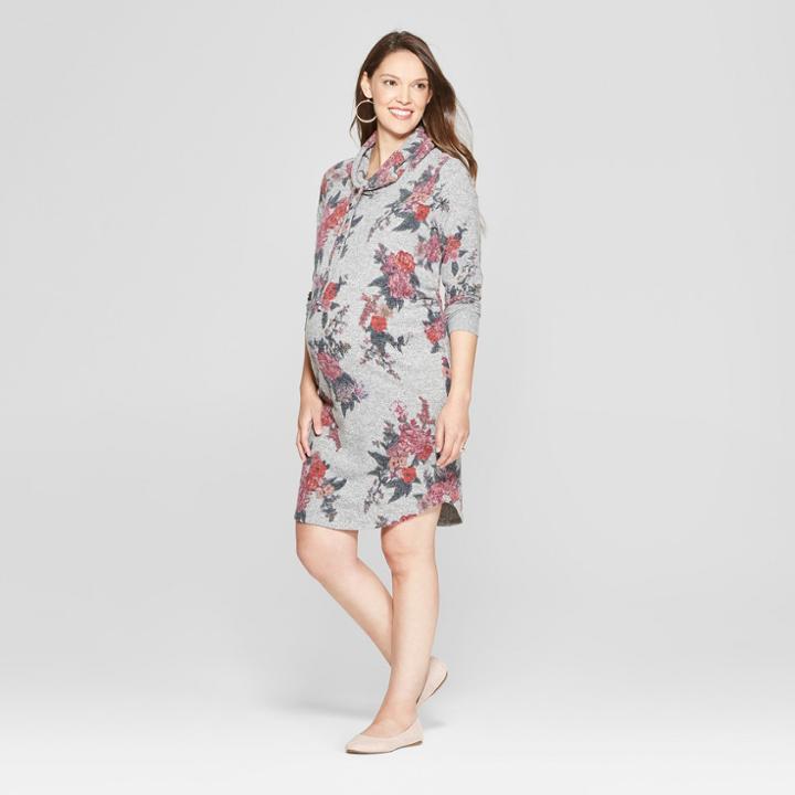 Maternity Floral Print Cowl Neck Sweatshirt Dress - Isabel Maternity By Ingrid & Isabel Heather Gray