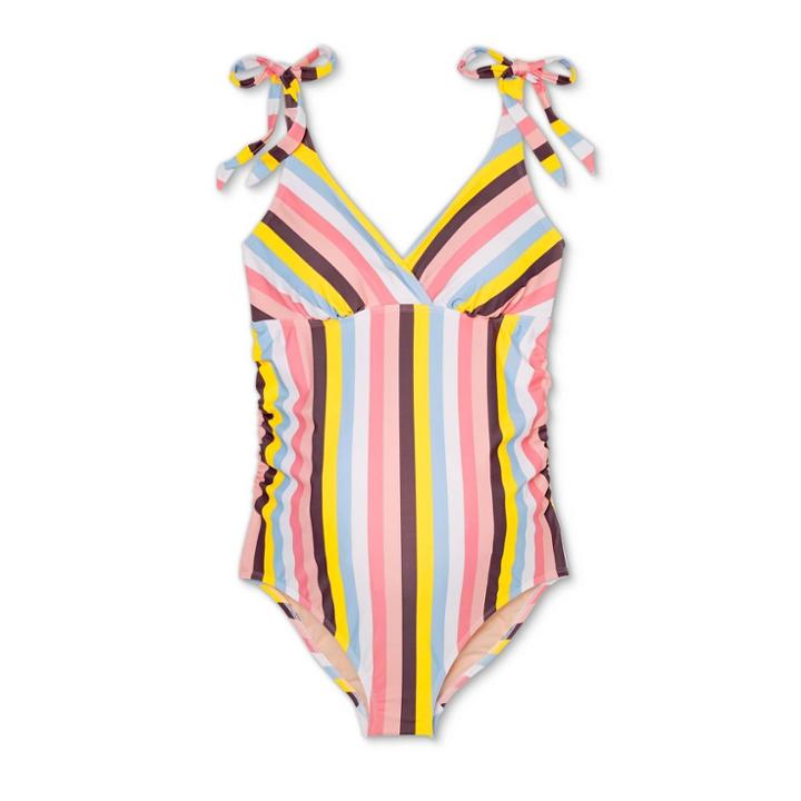 Maternity Striped Tie Shoulder One Piece Swimsuit - Isabel Maternity By Ingrid & Isabel S, Blue/pink/white
