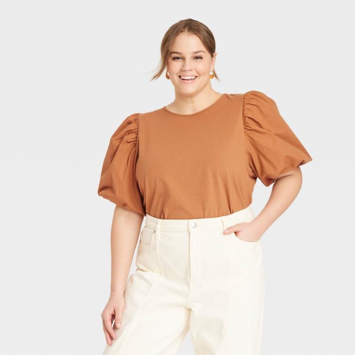 Women's Plus Size Puff Short Sleeve T-shirt - A New Day Brown