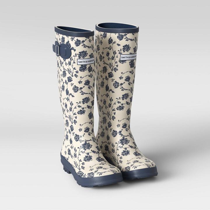 Smith & Hawken Rubber Tall Rain Boots Size 7 Floral Blue -