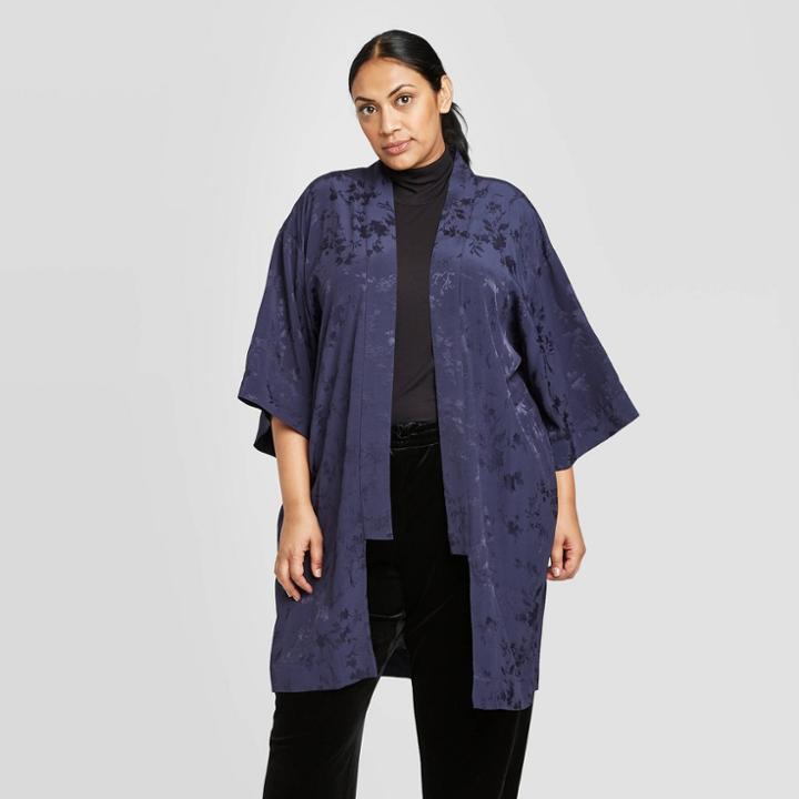 Women's Plus Size Floral Print Kimono - A New Day Navy One Size, Women's, Size: One Size