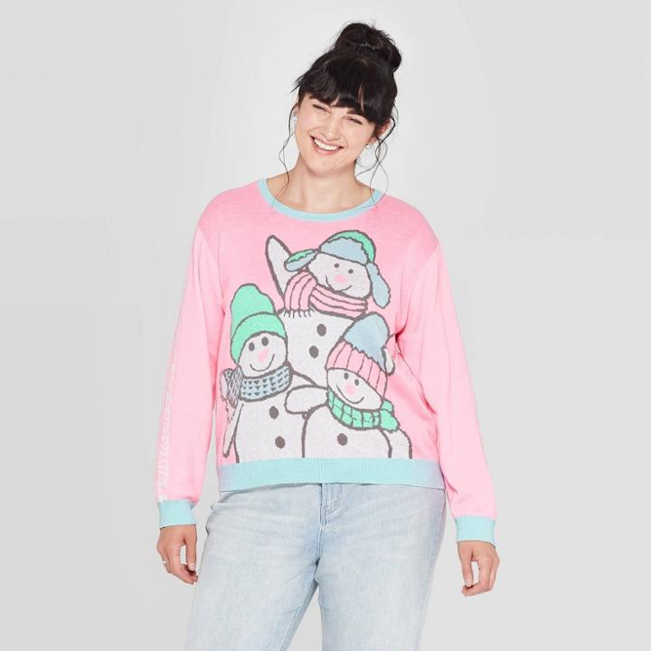 Well Worn Women's Chillin With My Snowmies Plus Size Graphic Sweater (juniors') - Pink