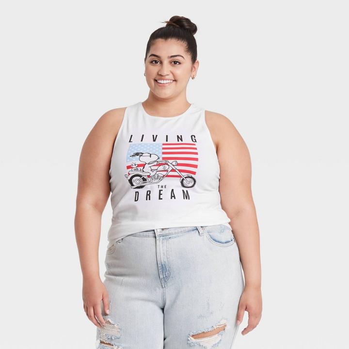 Peanuts Women's Plus Size Snoopy Americana Graphic Tank Top - White