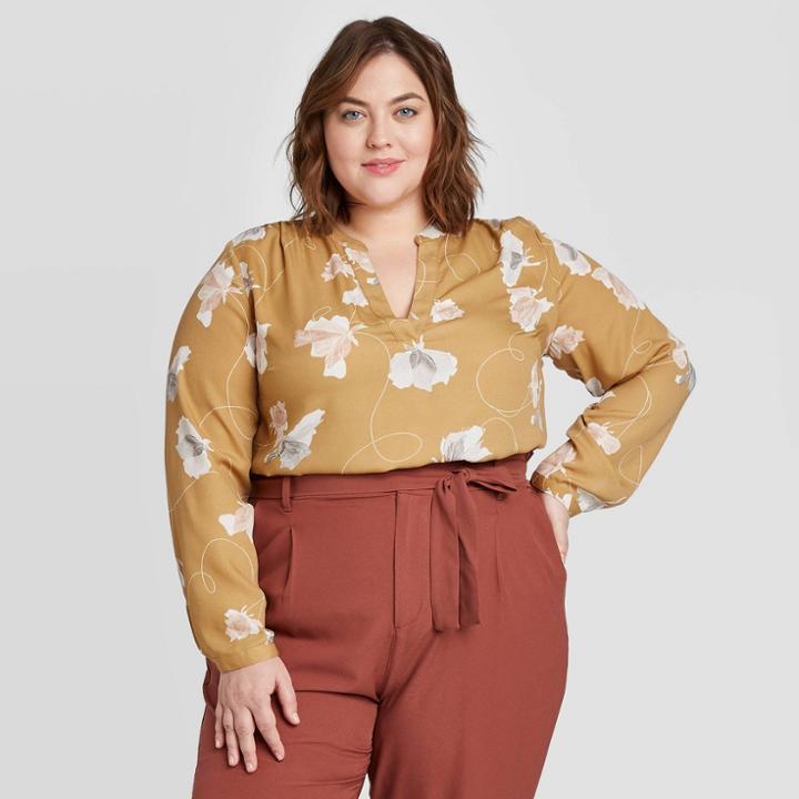 Women's Plus Size Floral Print Long Sleeve V-neck Blouse - Ava & Viv Olive X, Women's, Green