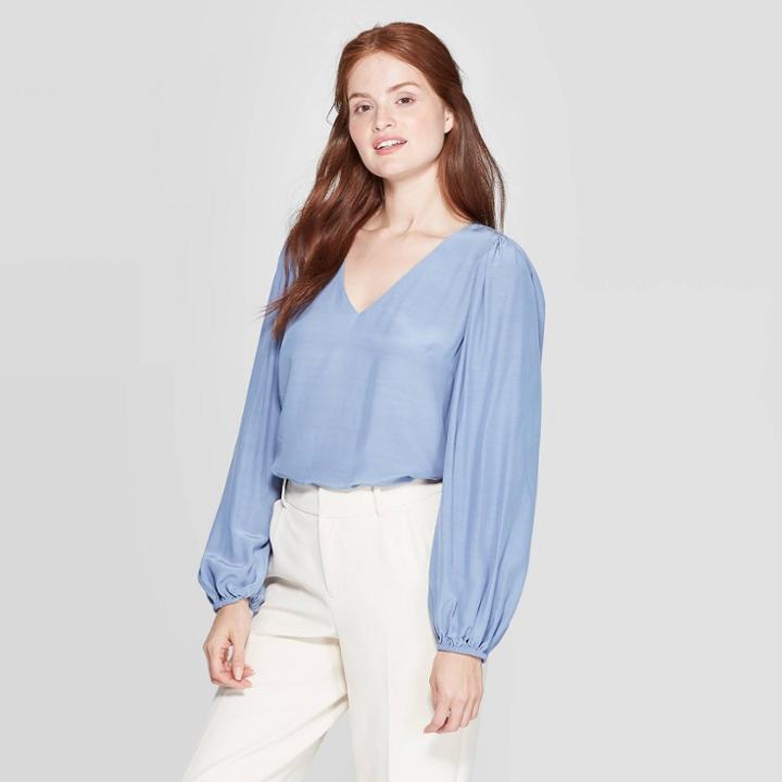 Women's Regular Fit Long Sleeve V-neck Blouse - A New Day Blue