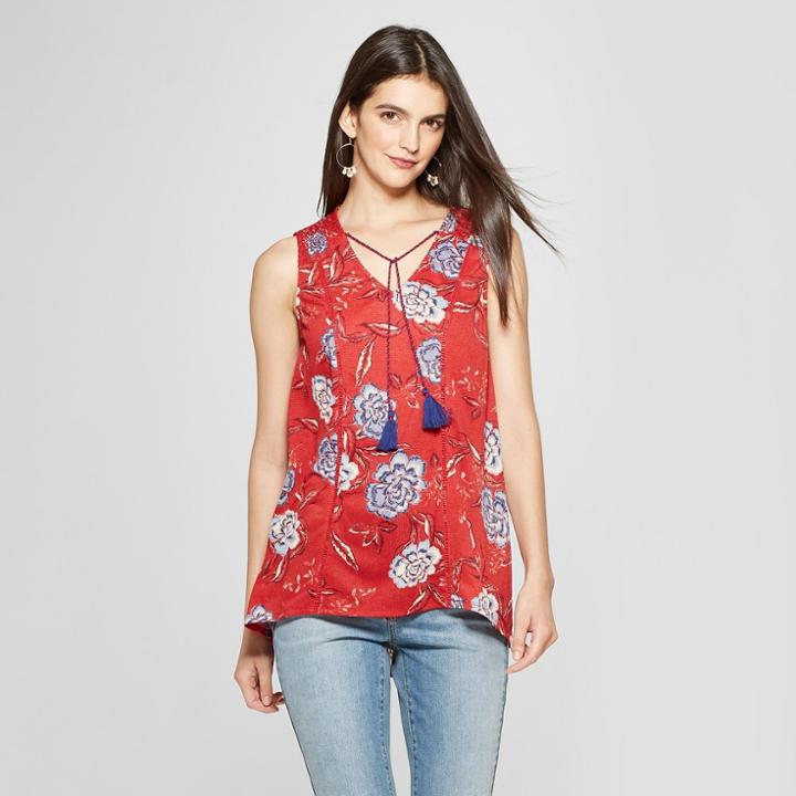 Women's Floral Print Ruched Shoulder Detail Tank - Knox Rose Red