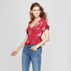 Women's Floral Print Short Sleeve Ruffle Ruched Front Top - Almost Famous (juniors') Wine