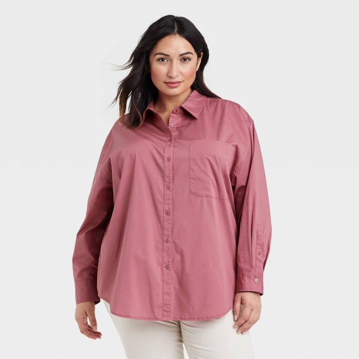 Women's Plus Size Long Sleeve Button-down Boyfriend Shirt - A New Day Purple