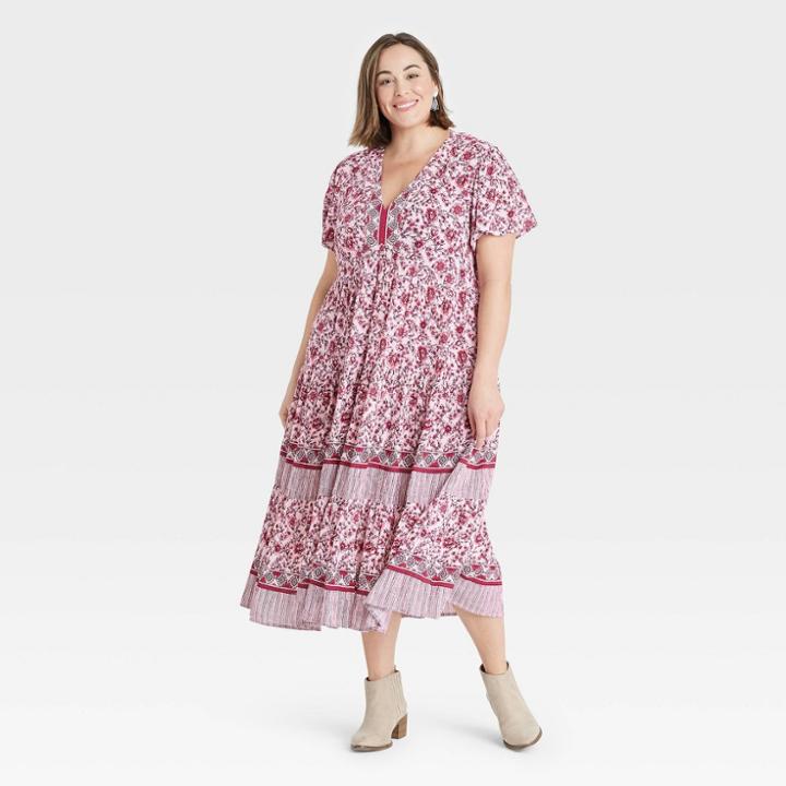 Women's Plus Size Floral Print Short Sleeve Dress - Knox Rose Red