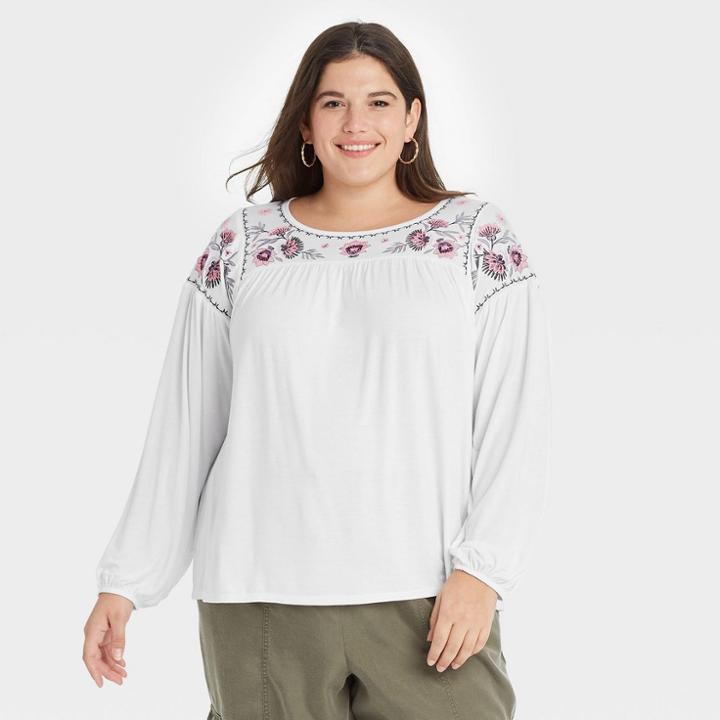 Women's Plus Size Long Sleeve Embroidered Knit Top - Knox Rose Ivory