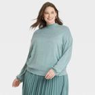 Women's Plus Size Long Sleeve High Neck Smocked T-shirt - A New Day Turquoise Green