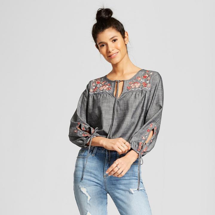 Women's Floral Print Embroidered Tie Sleeve Top - Knox Rose Black