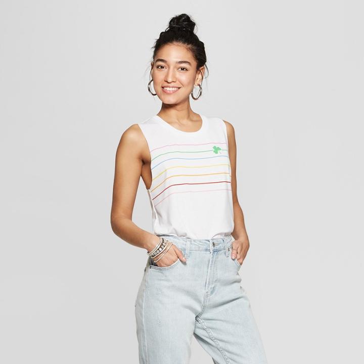 Women's Striped Rainbow Clover Tank Top - Fifth Sun (juniors') - White