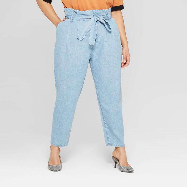 Women's Plus Size Mid-rise Light Wash Paperbag Denim Pants - Who What Wear Blue
