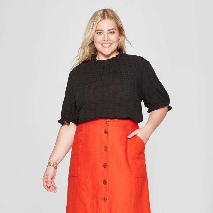 Women's Plus Size Short Sleeve High Neck Ruffle Blouse - Universal Thread Black