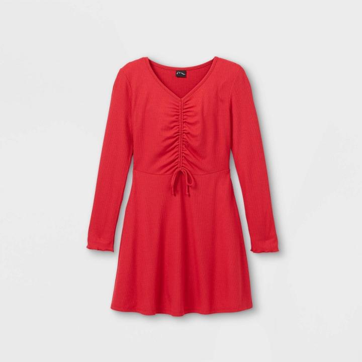 Girls' Cinched Front Long Sleeve Dress - Art Class Red