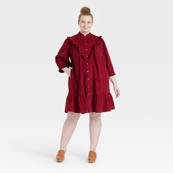 Women's Plus Size Balloon Long Sleeve Button-front Ruffle Cord Dress - Universal Thread Burgundy