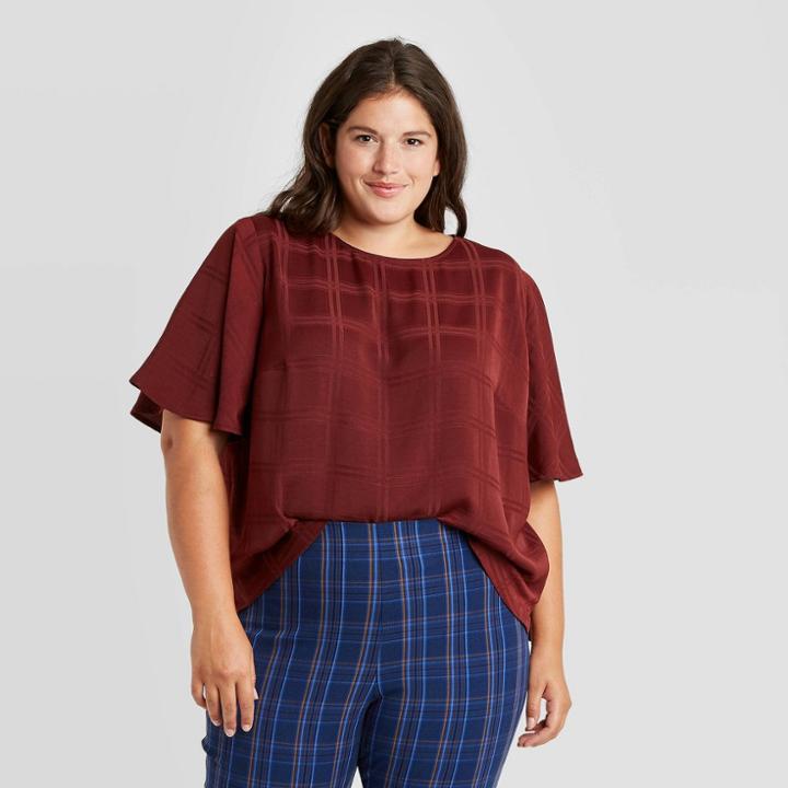 Women's Plus Size Jacquard Short Sleeve Round Neck Woven T-shirt - A New Day Burgundy