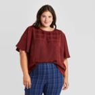 Women's Plus Size Jacquard Short Sleeve Round Neck Woven T-shirt - A New Day Burgundy