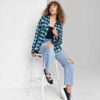 Women's Raglan Long Sleeve Button-down Hi-low Flannel Shirt - Wild Fable Teal Blue Plaid