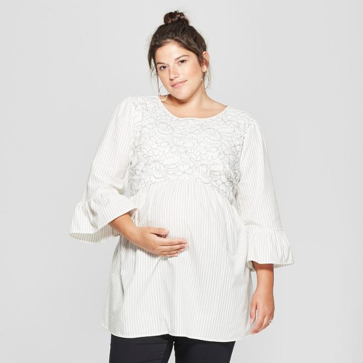 Maternity Plus Size Striped Peplum Blouse With Lace - Isabel Maternity By Ingrid & Isabel White 3x, Women's, Gray