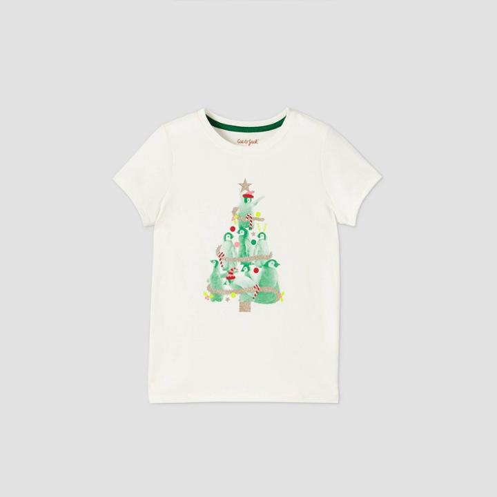 Girls' Short Sleeve Penguin Christmas Tree Graphic T-shirt - Cat & Jack Cream