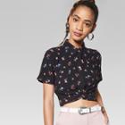 Women's Short Sleeve Twist Front Floral Button-down Top - Wild Fable Black