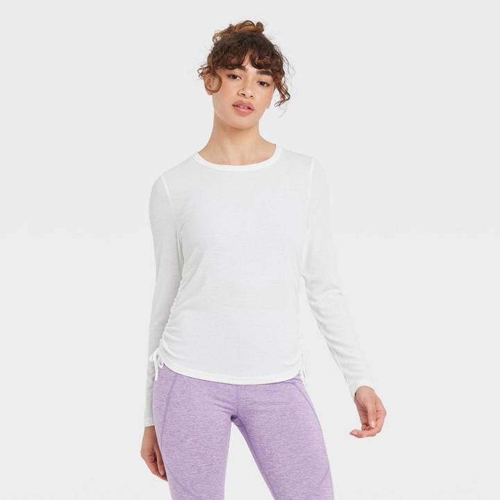 Women's Long Sleeve Ribbed Top With Side-cinch Detail - Joylab White