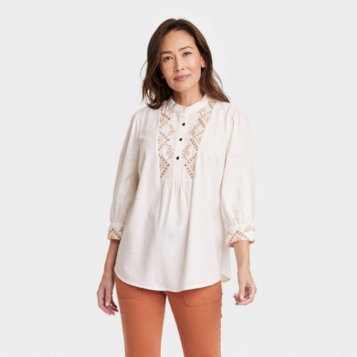 Women's Bishop 3/4 Sleeve Embroidered Blouse - Knox Rose Cream