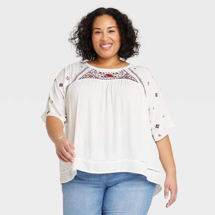 Women's Plus Size Flutter Short Sleeve Embroidered Top - Knox Rose Ivory Floral