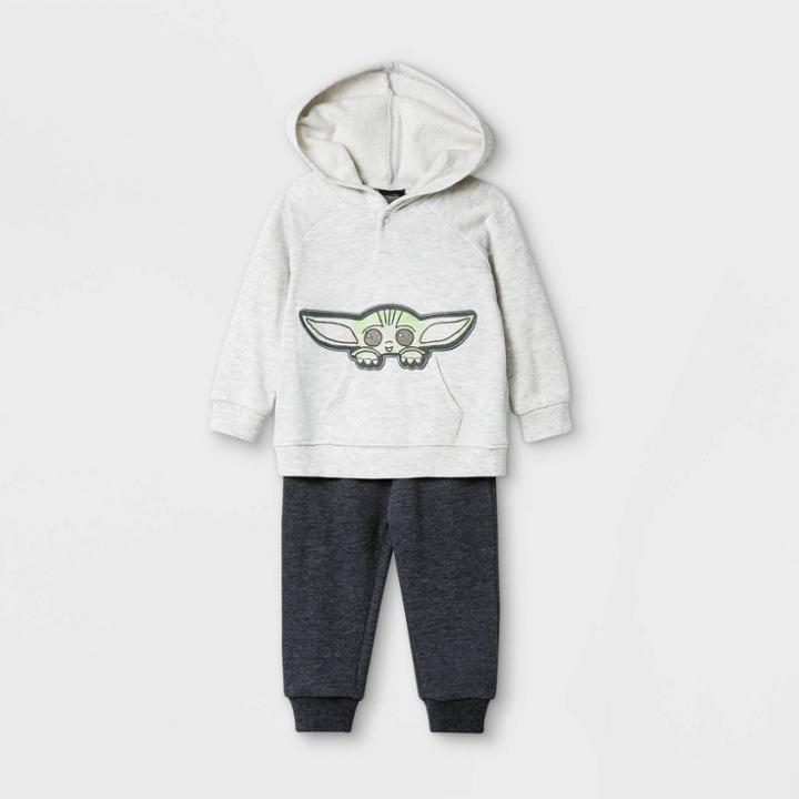 Lucasfilm Baby Boys' 2pk Star Wars Baby Yoda Hooded Fleece Long Sleeve Top And Bottom Set - Beige Newborn