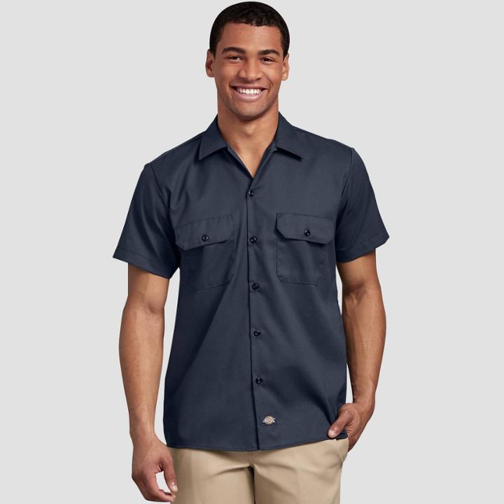 Dickies Men's Slim Fit Short Sleeve Button-down Shirt - Navy (blue)