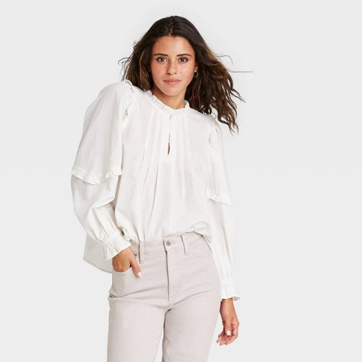 Women's Long Sleeve Ruffle Blouse - Universal Thread White