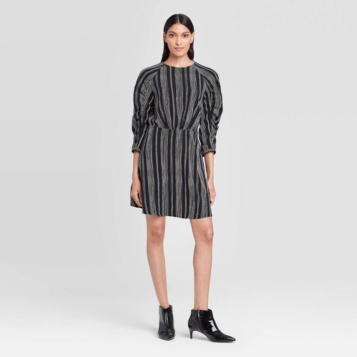 Women's Striped Long Sleeve Boat Neck A Line Mini Dress - Who What Wear Black