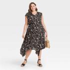 Women's Plus Size Floral Print Flutter Short Sleeve Smocked Waist Dress - Knox Rose Black