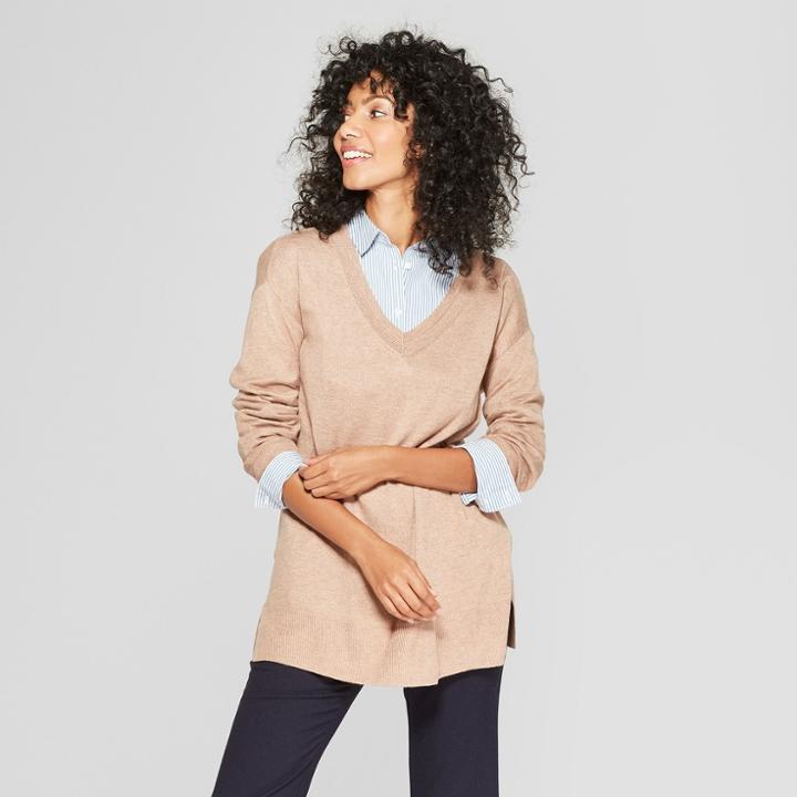 Women's V-neck Luxe Pullover Sweater - A New Day Camel