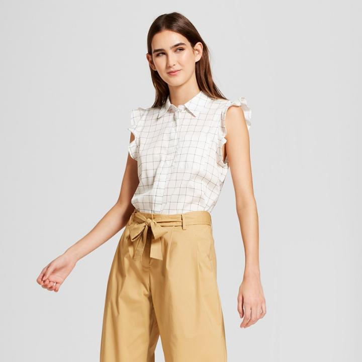 Women's Plaid Sleeveless Ruffle Button-up Blouse- Who What Wear White Xxl, White Windowpane