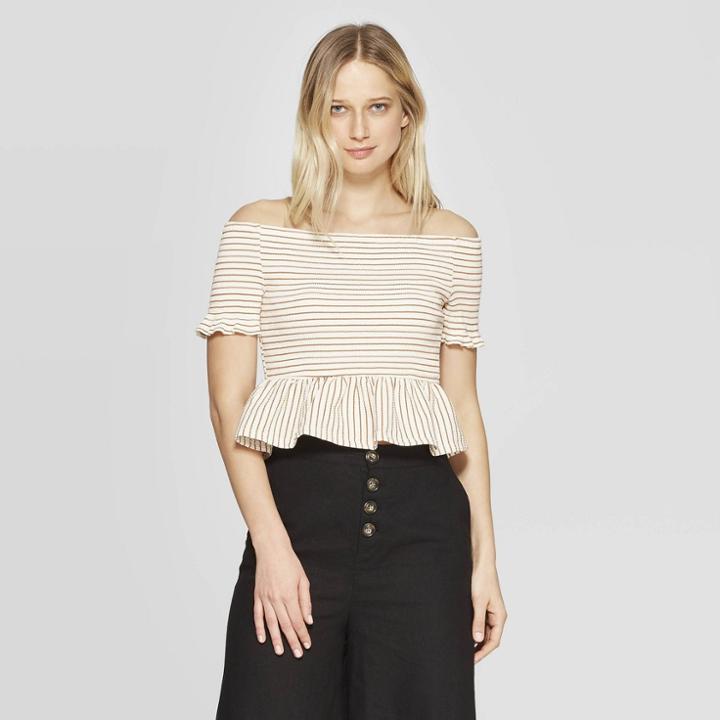 Women's Striped Short Ruffle Sleeve Off The Shoulder Peplum Top - Who What Wear Red