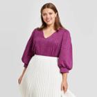 Women's Plus Size Printed Bishop Long Sleeve Top - A New Day Purple
