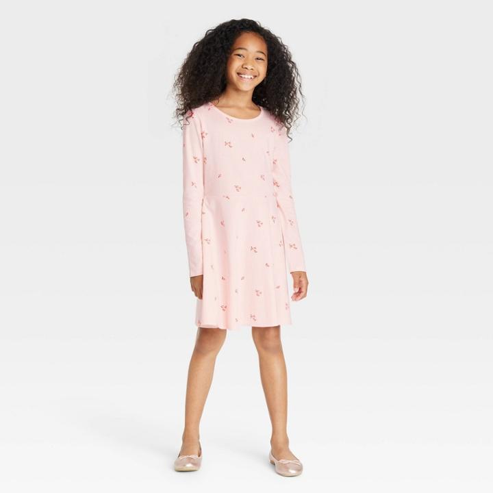 Girls' Printed Long Sleeve 100% Cotton Dress - Cat & Jack Light Peach