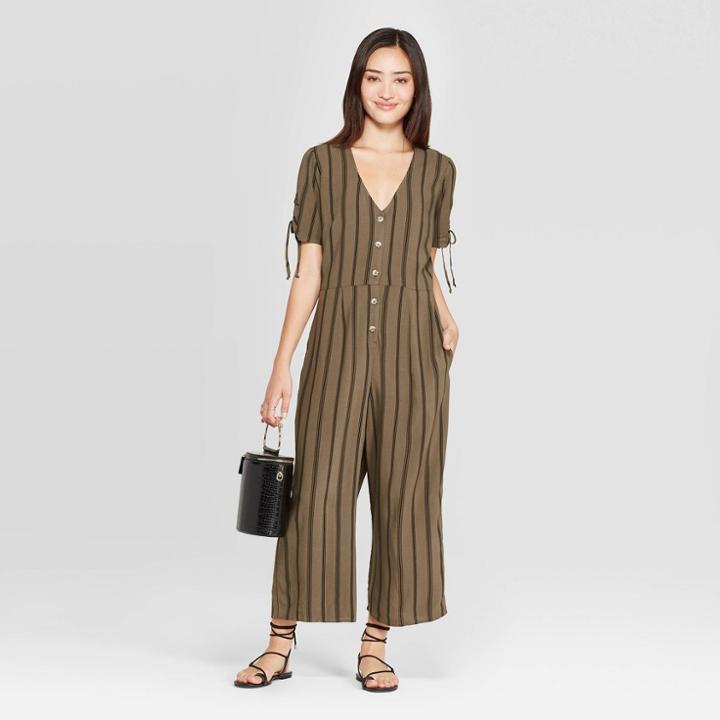 Petitewomen's Striped Short Sleeve V-neck Button Front Cropped Jumpsuit - Xhilaration Olive