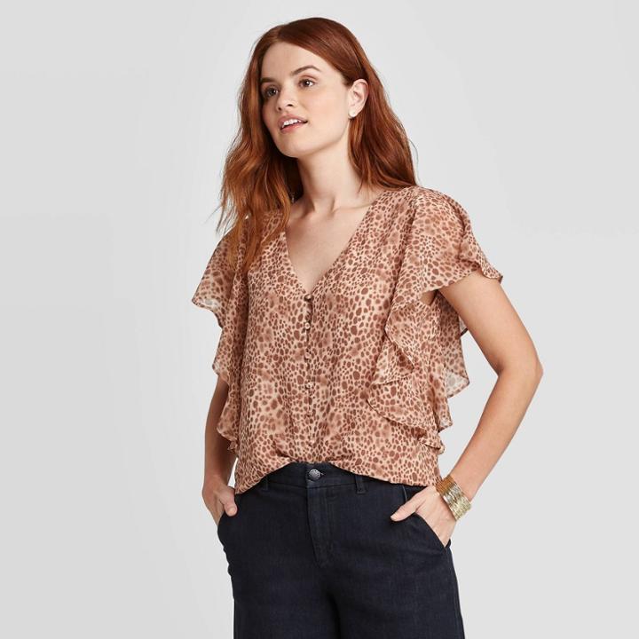 Women's Leopard Print Flutter Short Sleeve Button-front Top - A New Day Brown