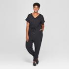 Women's Plus Size Knit Tie Waist Jumpsuit - Ava & Viv Black