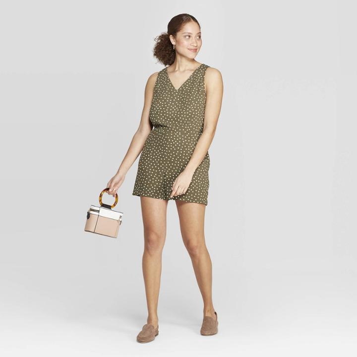 Women's Polka Dot Sleeveless V-neck Rompers - A New Day Olive (green)