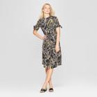 Women's Floral Print Short Sleeve Knotted Midi Shirt Dress - Who What Wear Black Xs, Black Floral