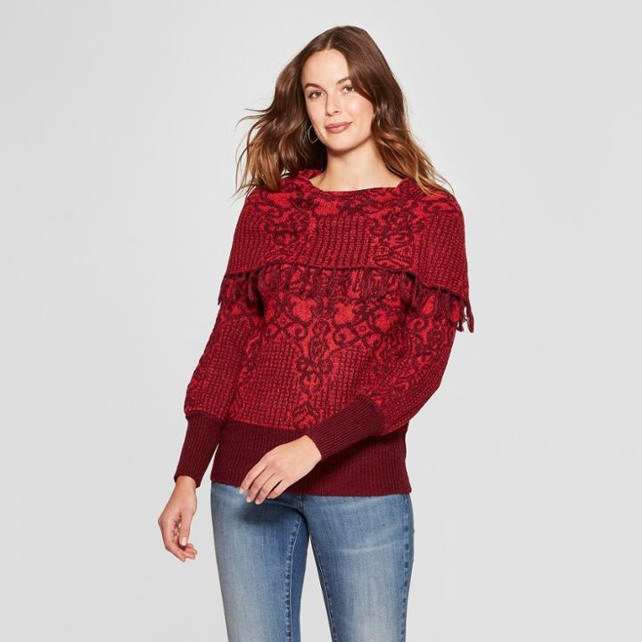 Women's Long Sleeve Off The Shoulder Jacquard Sweater - Knox Rose Red